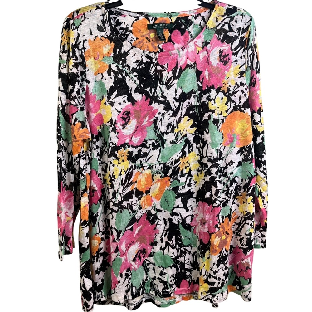 Lauren Ralph Lauren Abstract Pastel Floral Linen Long Sleeve Sweater Size XL